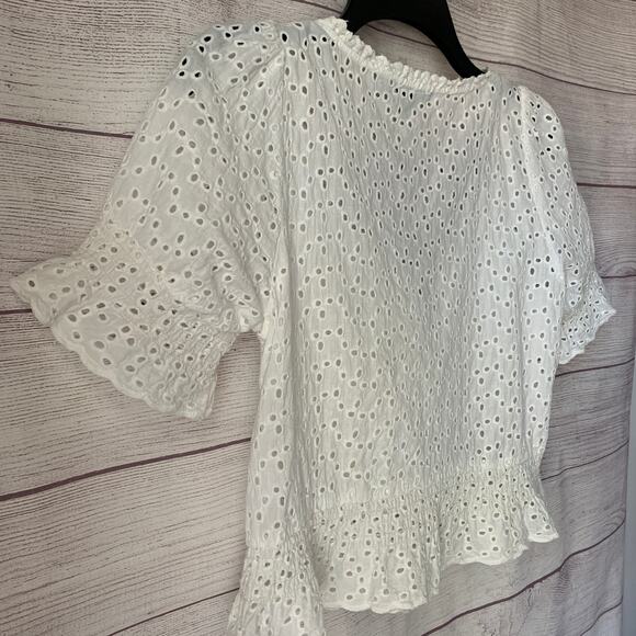 Lulus Sweet Sunshine White Eyelet Lace Crop Top Puff Sleeves Tie String Size S - Picture 10 of 11